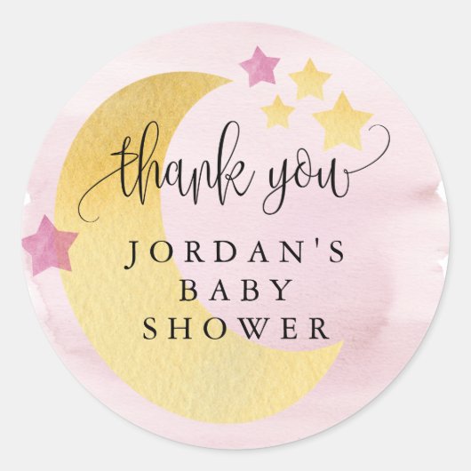 Over de maan, Roze, Aangepaste Baby shower Ronde Sticker (Voorkant)