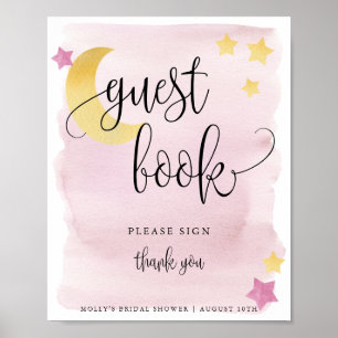 Over de maan, Roze Baby shower Guest Book Poster