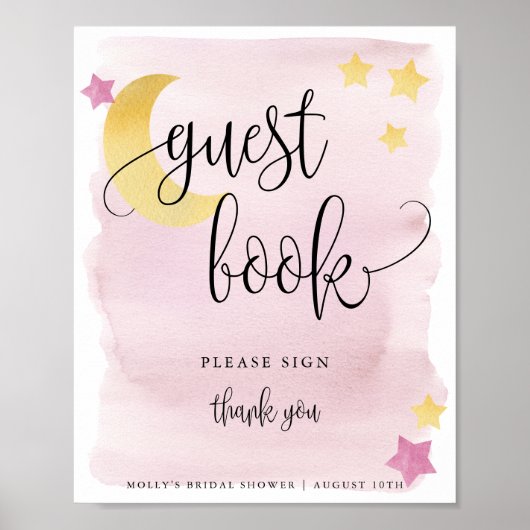 Over de maan, Roze Baby shower Guest Book Poster (Voorkant)