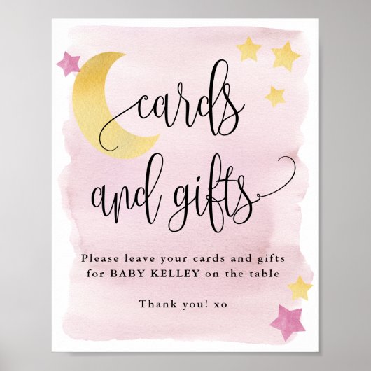 Over de maan, Roze Baby shower Kaarten en cadeaus Poster (Voorkant)