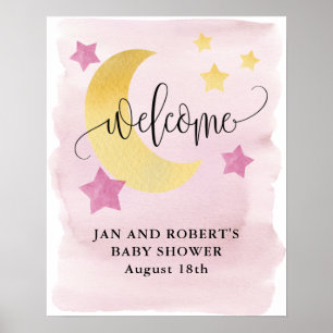Over de maan, Roze Baby shower Welkom Poster
