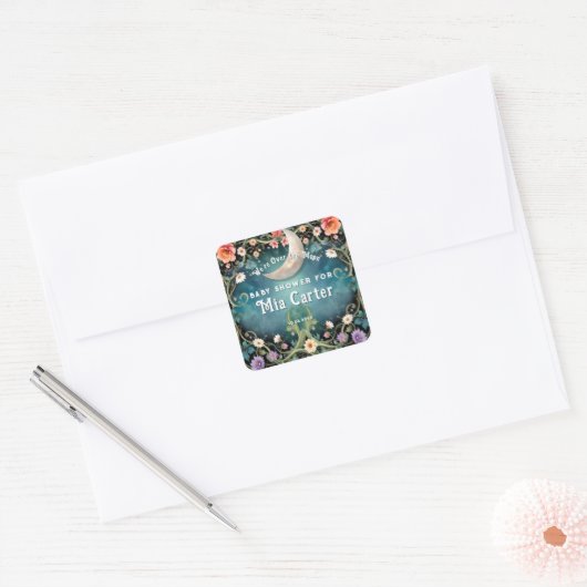 Over de Maan Roze Bloem Meisje Baby Shower Vierkante Sticker (Envelop)