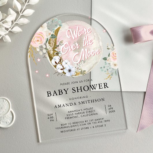 Over de Maan Roze Bloemboog Baby shower Acryl Uitnodigingen