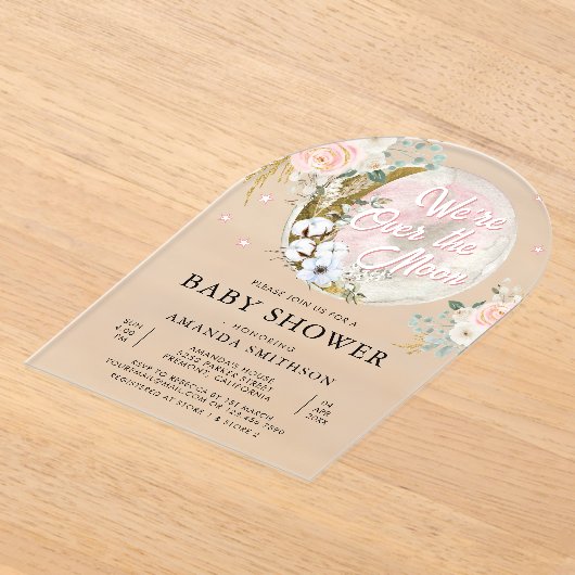 Over de Maan Roze Bloemboog Baby shower Acryl Uitnodigingen (Laagn)