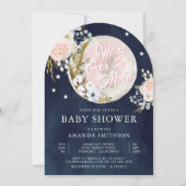 Over de Maan Roze Bloemen Navy Blauw Baby shower Kaart (Voorkant)