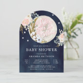 Over de Maan Roze Bloemen Navy Blauw Baby shower Kaart (Staand voorkant)