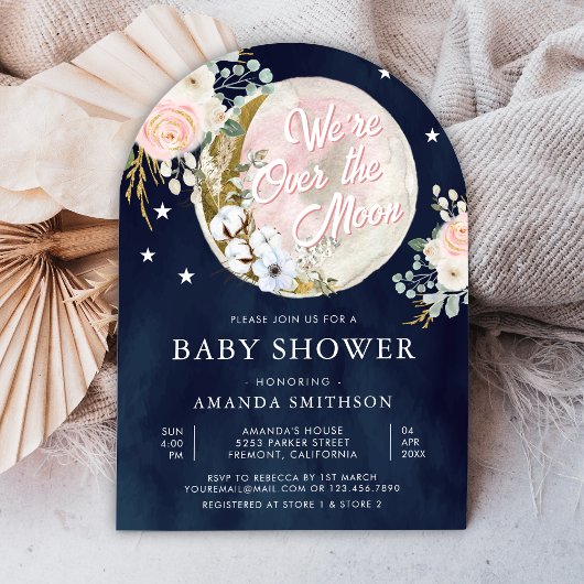 Over de Maan Roze Bloemen Navy Blauw Baby shower Kaart