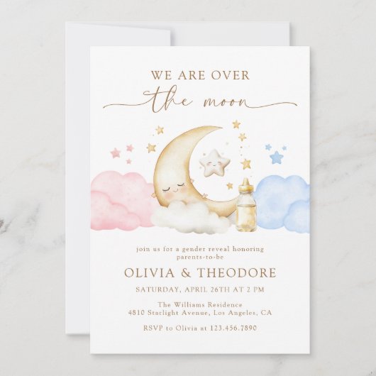 Over de maan Roze en Blauwe Gender Reveal Party Kaart (Voorkant)