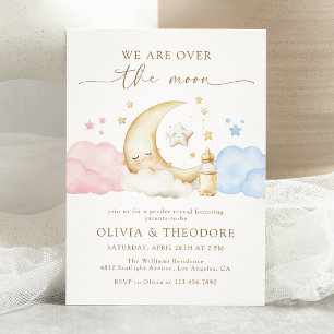 Over de maan Roze en Blauwe Gender Reveal Party Kaart