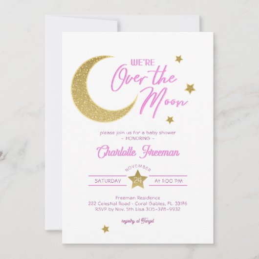 Over de maan roze en gouden babymeisjesdouche kaart (Voorkant)