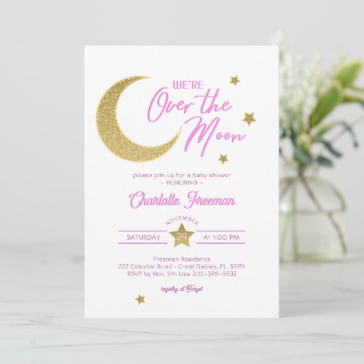 Over de maan roze en gouden babymeisjesdouche kaart (Staand voorkant)