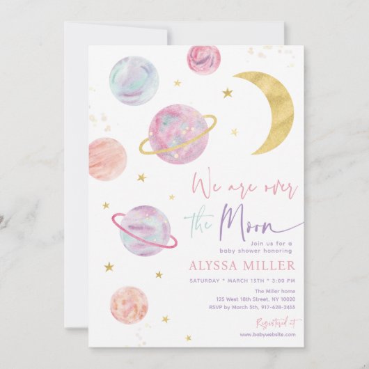 Over de Maan Roze Space Girl Baby shower Kaart (Voorkant)