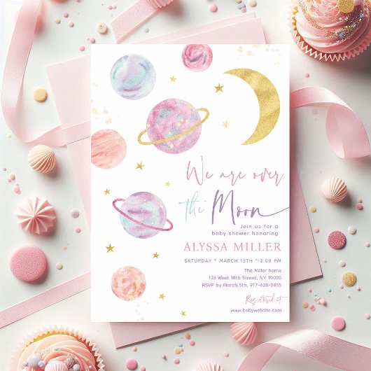 Over de Maan Roze Space Girl Baby shower Kaart