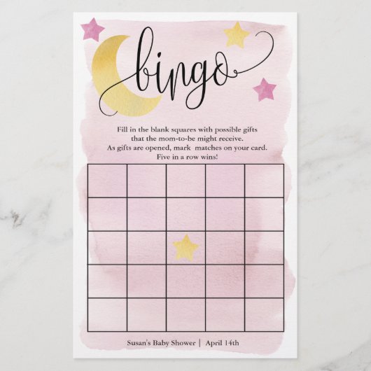 Over de maan, Roze sterren Bingo Paper Kaart (Voorkant)