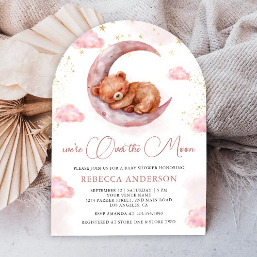 Over de Maan Roze Teddydbeer Boog Babyshower Kaart