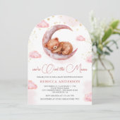 Over de Maan Roze Teddydbeer Boog Babyshower Kaart (Staand voorkant)