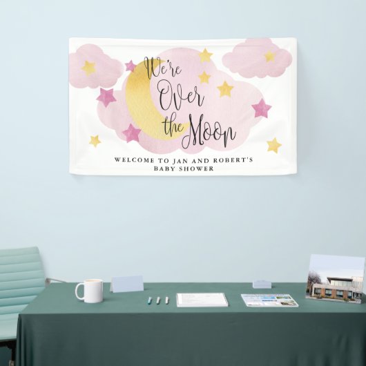 Over de maan, Roze Waterverf Baby shower Spandoek (Beurs)