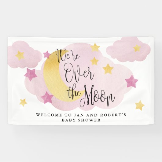 Over de maan, Roze Waterverf Baby shower Spandoek (Horizontaal)