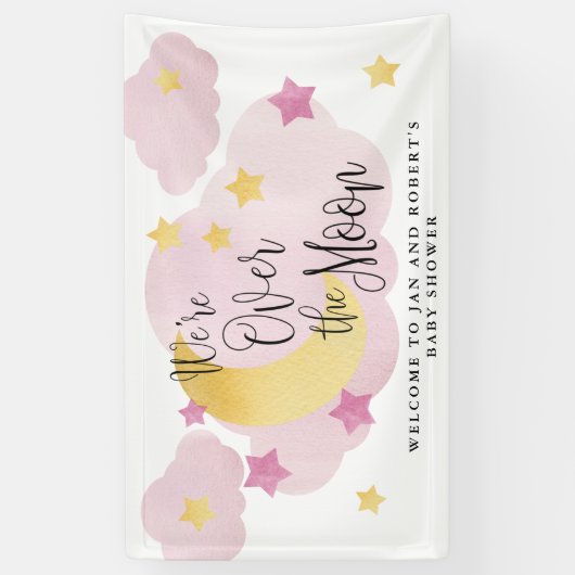 Over de maan, Roze Waterverf Baby shower Spandoek (Verticaal)
