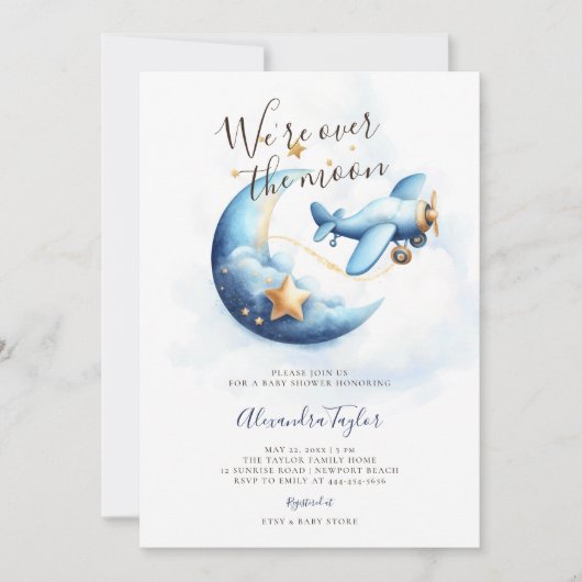 Over de Maan Sterren Vliegtuig Blauw Baby Jongen D Kaart (Voorkant)