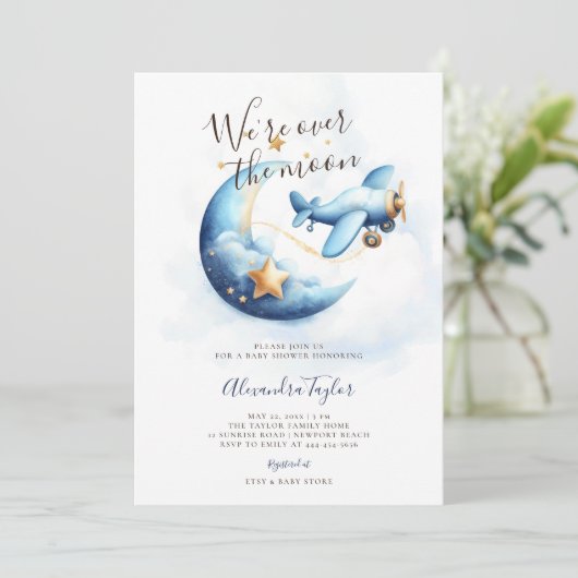 Over de Maan Sterren Vliegtuig Blauw Baby Jongen D Kaart (Staand voorkant)