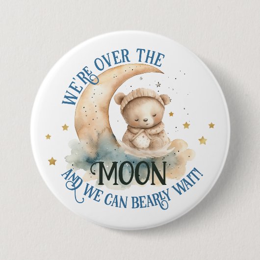 Over de maan Teddy Bear Baby Jongensdouche Ronde Button 7,6 Cm (Voorkant)