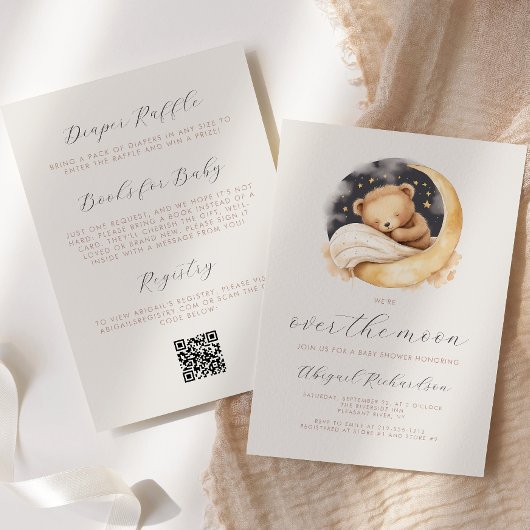 Over de Maan Teddy Beer Boho QR Code Baby Borrel Kaart