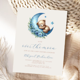 Over de Maan Teddybeer Blauw Jongens Baby Shower Briefkaart