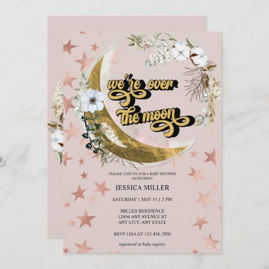 Over de maan | Uitnodiging voor Star-Baby shower (Voorkant / Achterkant)