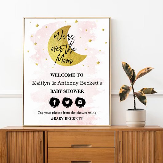 Over de maan | Welkomstbord van Baby shower Meisje Poster
