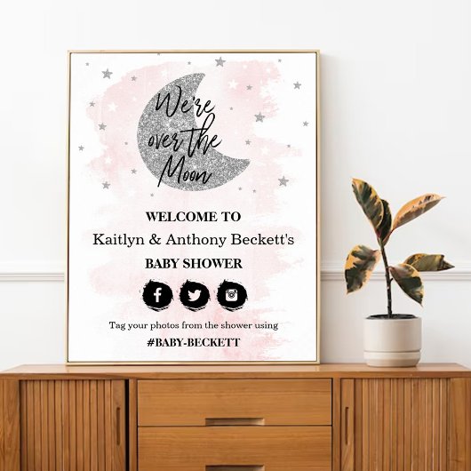 Over de maan | Welkomstbord van Baby shower Meisje Poster