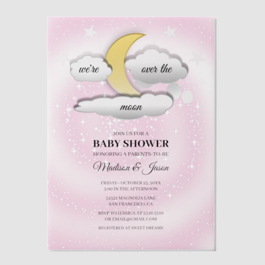 Over de Maan Wolken & Sterren Baby shower Vellum Uitnodigingen (Voorkant)
