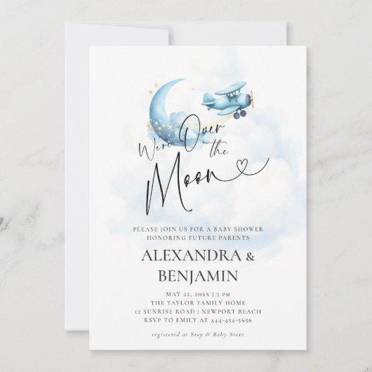Over de Maan Wolken Vliegtuigcode Baby Boy Shower Kaart (Voorkant)