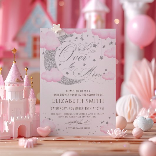 Over de Maan Zilver Roze Baby Shower Kaart