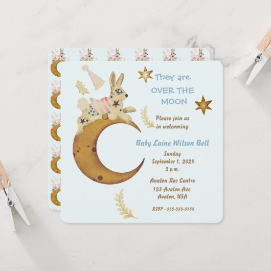 Over de Moon Baby Boy Shower Kaart (Voorkant / Achterkant in situ)