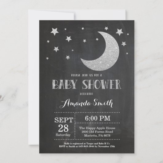 Over de Moon Baby shower Invitation Silve Glitter Kaart (Voorkant)