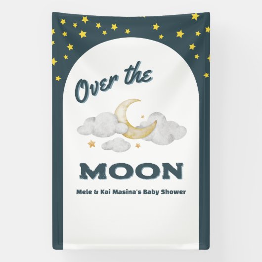 Over. de Moon Blue Baby shower Custom Photo Wall Spandoek (Verticaal)