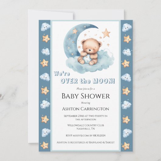 Over de Moon Blue Beer Waterverf Baby shower Kaart (Voorkant)