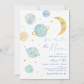 Over de Moon Blue Pastel Space Baby shower Kaart (Voorkant)