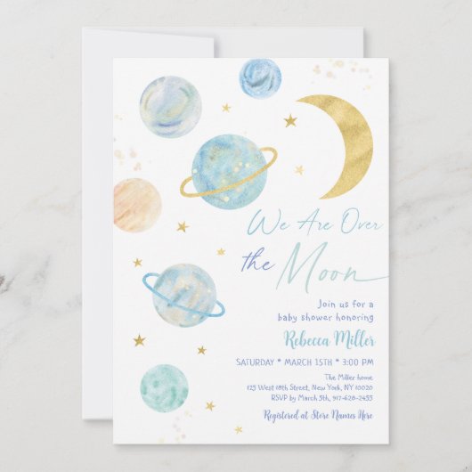 Over de Moon Blue Pastel Space Baby shower Kaart (Voorkant)