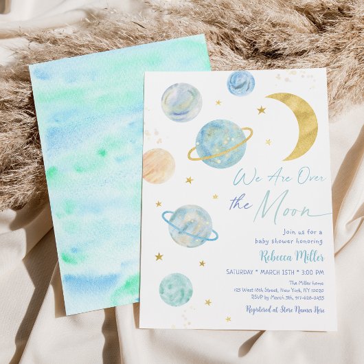 Over de Moon Blue Pastel Space Baby shower Kaart