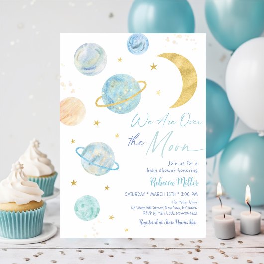 Over de Moon Blue Pastel Space Baby shower Kaart