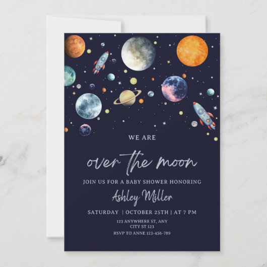Over de Moon Boy Baby shower Invite, Space Galaxy Kaart (Voorkant)
