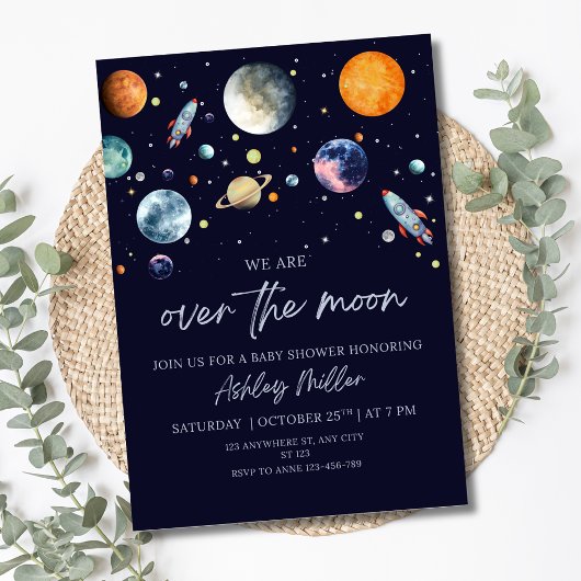 Over de Moon Boy Baby shower Invite, Space Galaxy Kaart