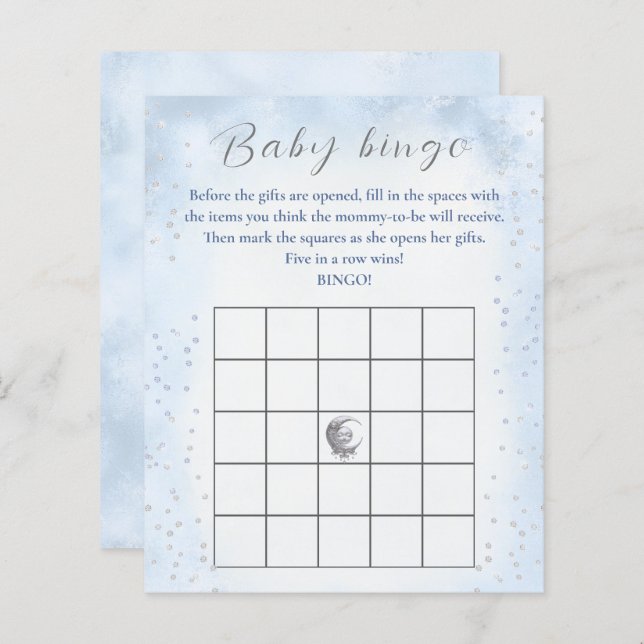 Over de Moon Boy Baby shower spel Baby Bingo (Voorkant / Achterkant)