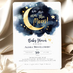 Over de Moon Celestial Baby shower Stars Space Kaart<br><div class="desc">Viel de komst van een nieuwe kleine ster met deze betoverende uitnodiging voor baby shower, met een radiant gouden maan en het scheren van sterren op een diepblauwe ruimte achtergrond, allemaal prachtig teruggegeven in waterverven. De kopbal, "We zijn over de maan!", voegt een beetje vreugde en opwinding toe aan deze...</div>