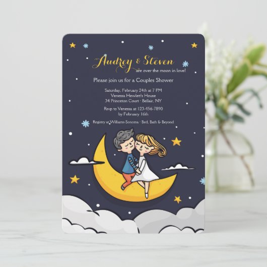 Over de Moon Shower-uitnodiging Kaart (Staand voorkant)
