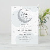 Over de Moon Silver Blue Baby shower-uitnodiging Kaart (Staand voorkant)