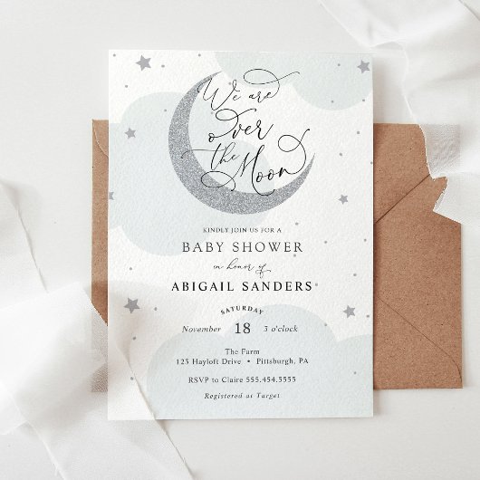 Over de Moon Silver Blue Baby shower-uitnodiging Kaart