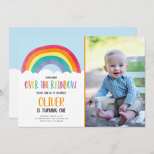 Over de Rainbow Blue Boy Verjaardagsuitnodiging Kaart (Voorkant / Achterkant)